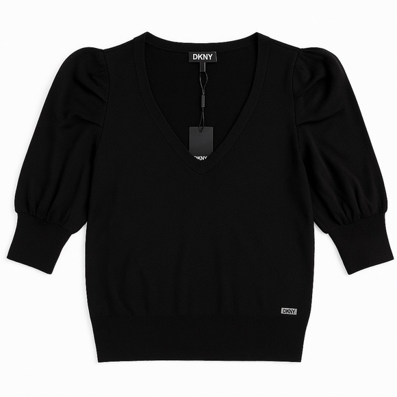 Dkny Sweaters - NWT DKNY Black Puff Sleeve V-Neck Sweater Short Sleeve Knit Holiday Top Size XL